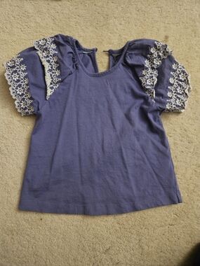 Mini Boden Cotton Floral Peasant Lace Trim Blouse Top Girls Size 4-5 Year Purple